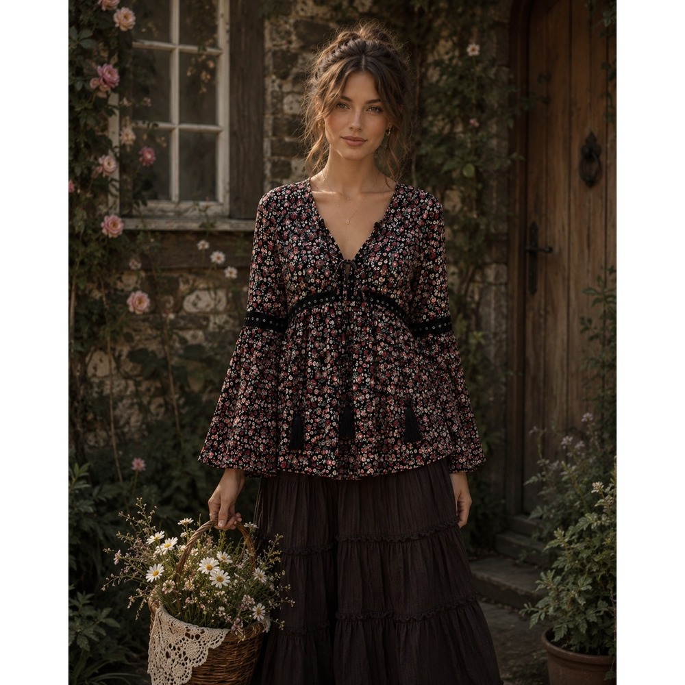 Cache Cache Floral‎ Peasant Blouse Black Pink Bell Sleeve Velvet Grommet Top Med